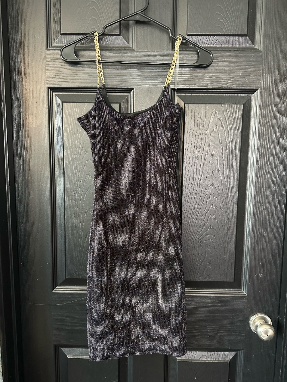 Windsor Rhinestone Mini Dress Black Gold Chain Straps Size M NWT